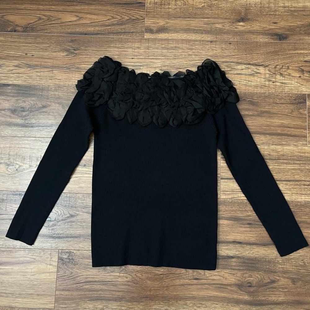 Vintage 90s‎ Black Ribbed Off Shoulder Sweater Ruffle Flower Women Medium Fairy